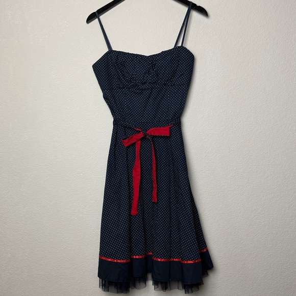 Ruby Rox Navy Dress with White Polka Dots contrast Ribbon and Sash - Picture 1 of 7